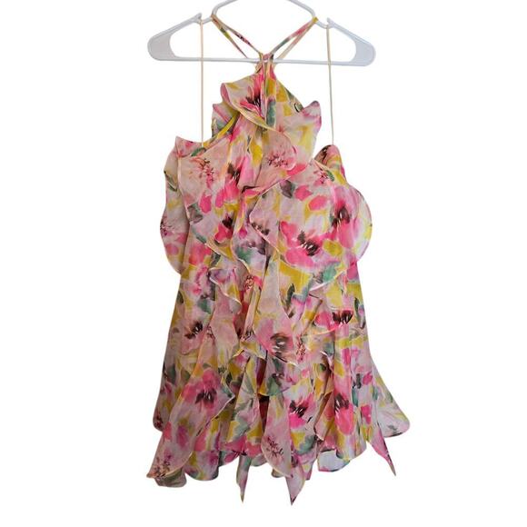 Nwt MISA Miah Floral Chiffon Frilled Halter Mini Dress large - Picture 1 of 6